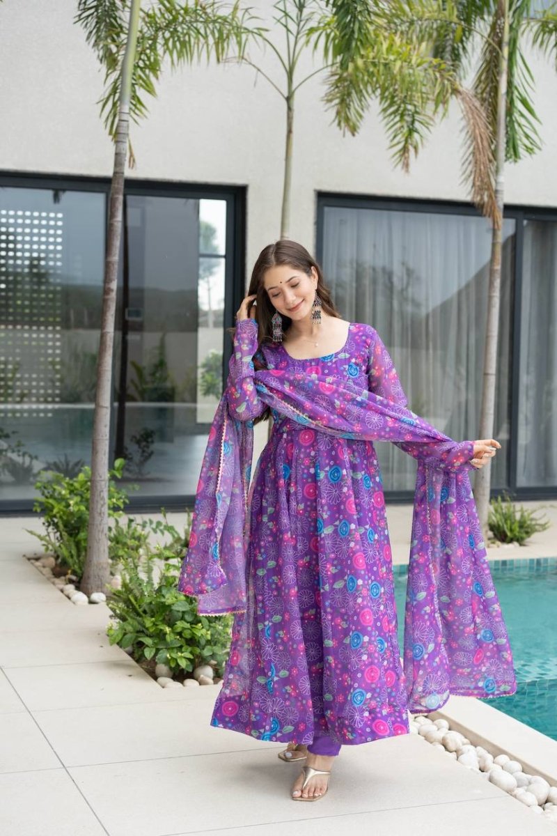 Purple Floral Print Organza Silk Anarkali Gown With Pant & Duppatta - 001FASHIONFORWARD