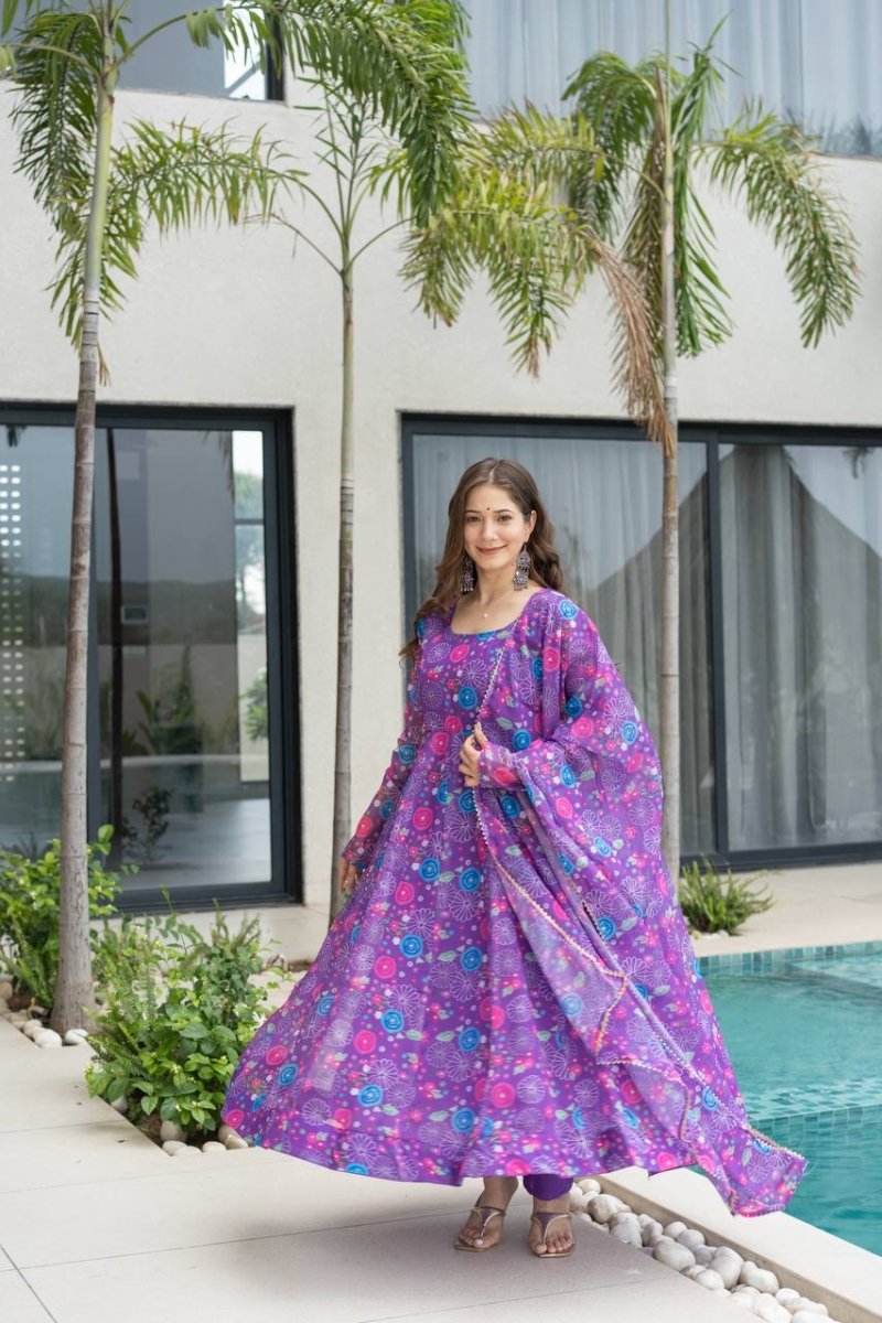 Purple Floral Print Organza Silk Anarkali Gown With Pant & Duppatta - 001FASHIONFORWARD