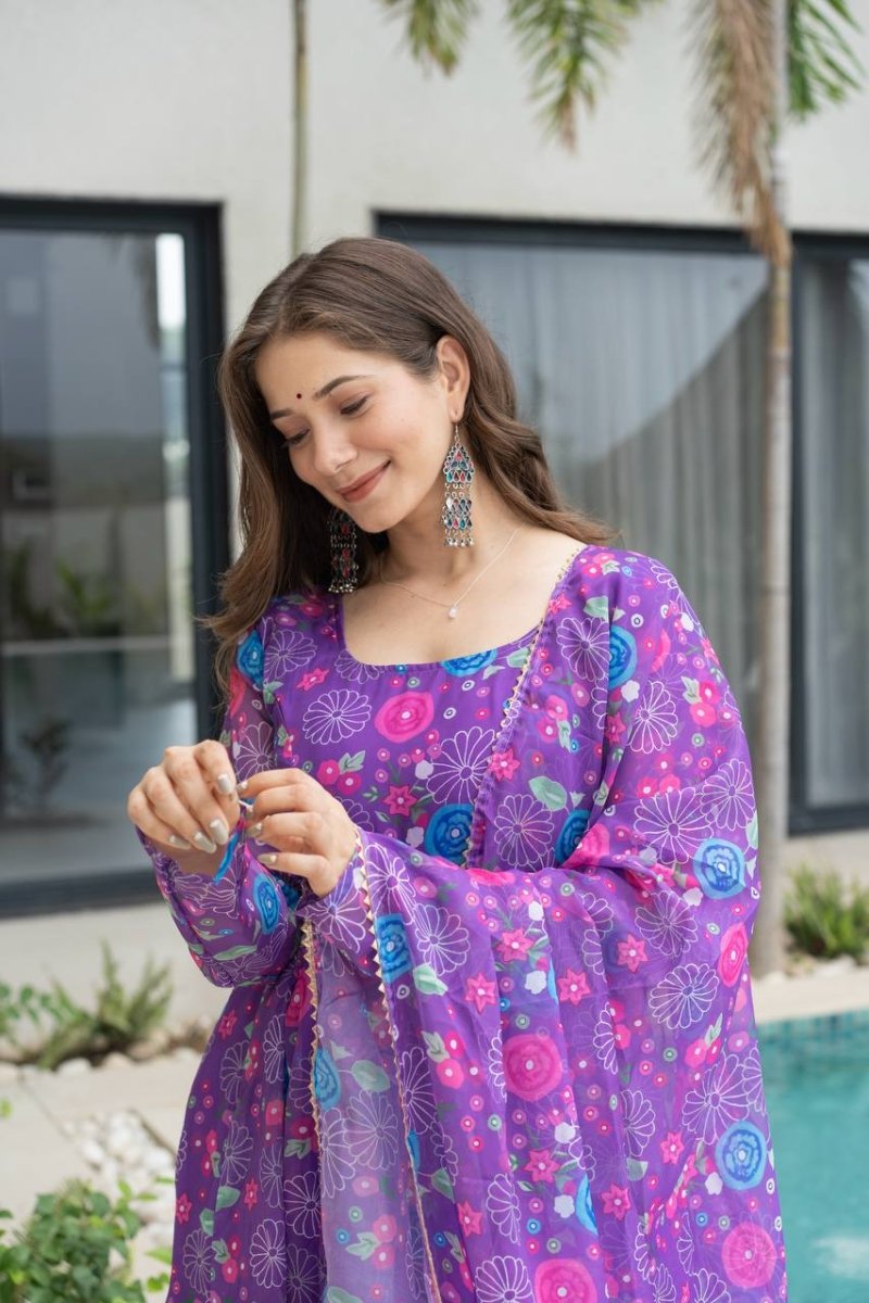 Purple Floral Print Organza Silk Anarkali Gown With Pant & Duppatta - 001FASHIONFORWARD