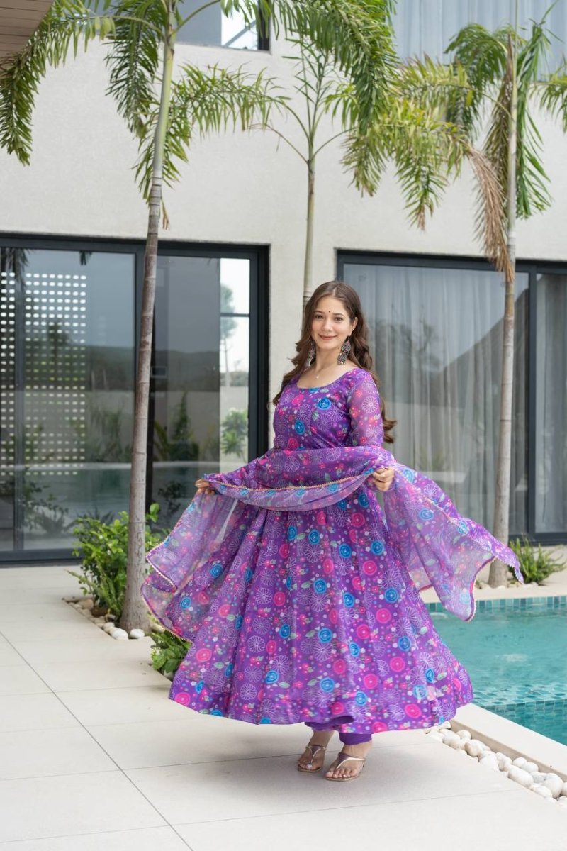 Purple Floral Print Organza Silk Anarkali Gown With Pant & Duppatta - 001FASHIONFORWARD
