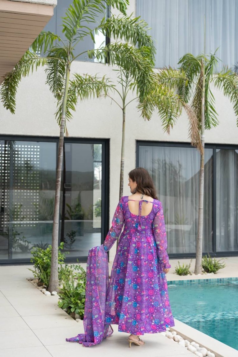 Purple Floral Print Organza Silk Anarkali Gown With Pant & Duppatta - 001FASHIONFORWARD