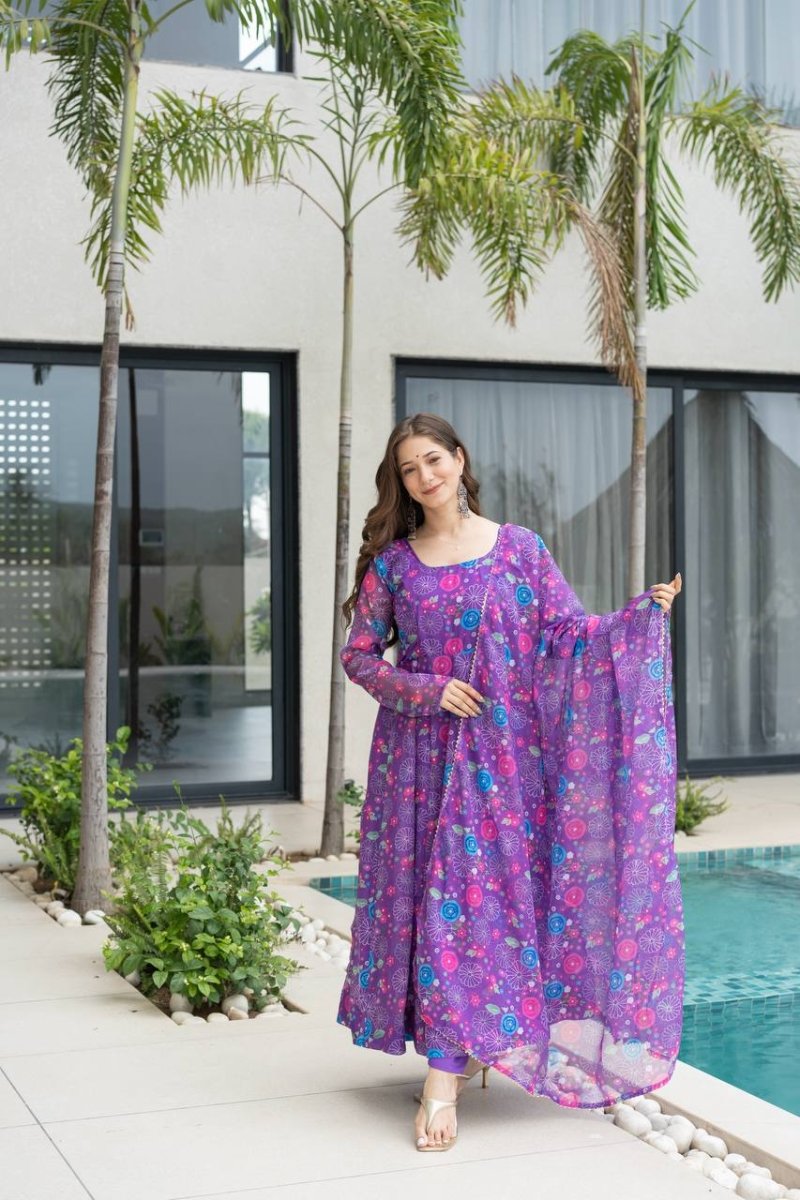 Purple Floral Print Organza Silk Anarkali Gown With Pant & Duppatta - 001FASHIONFORWARD