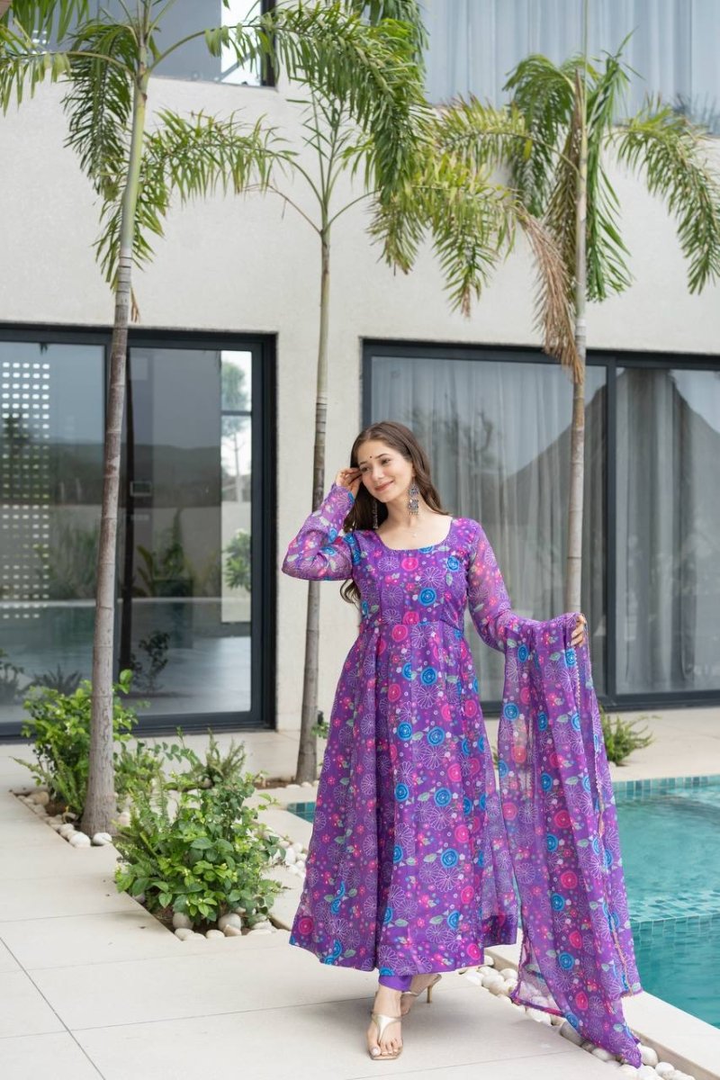 Purple Floral Print Organza Silk Anarkali Gown With Pant & Duppatta - 001FASHIONFORWARD