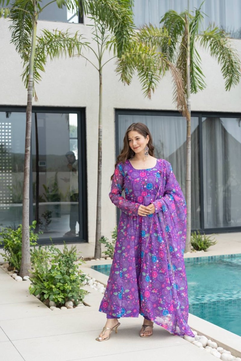 Purple Floral Print Organza Silk Anarkali Gown With Pant & Duppatta - 001FASHIONFORWARD