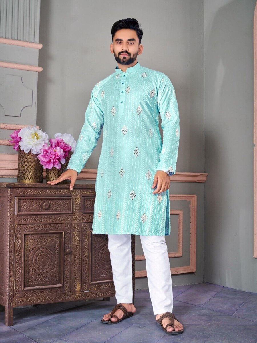 Ramadan Mirror work Men's Wedding Long Kurta Embroidery & Cotton Pajama - eid - 001FASHIONFORWARD
