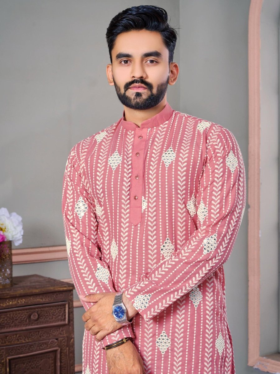 Ramadan Mirror work Men's Wedding Long Kurta Embroidery & Cotton Pajama - eid - 001FASHIONFORWARD