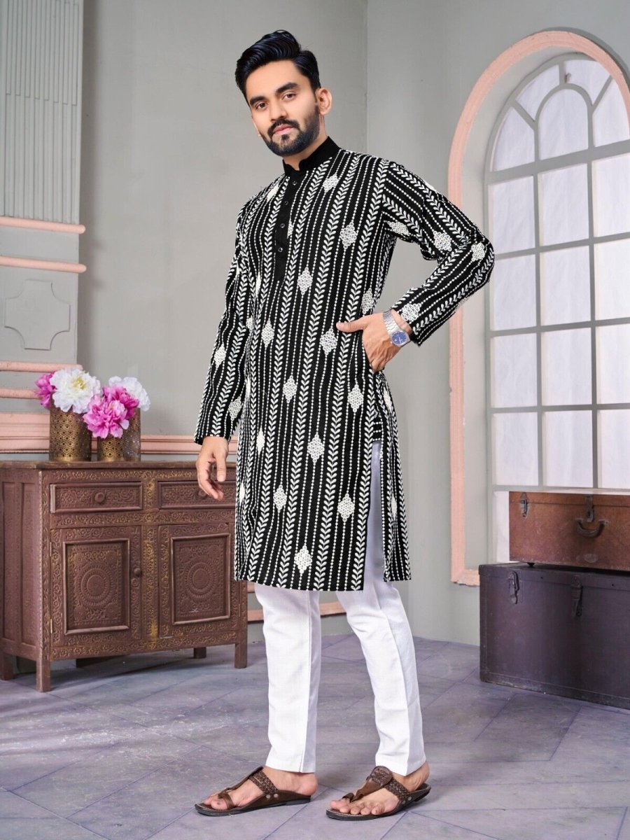 Ramadan Mirror work Men's Wedding Long Kurta Embroidery & Cotton Pajama - eid - 001FASHIONFORWARD