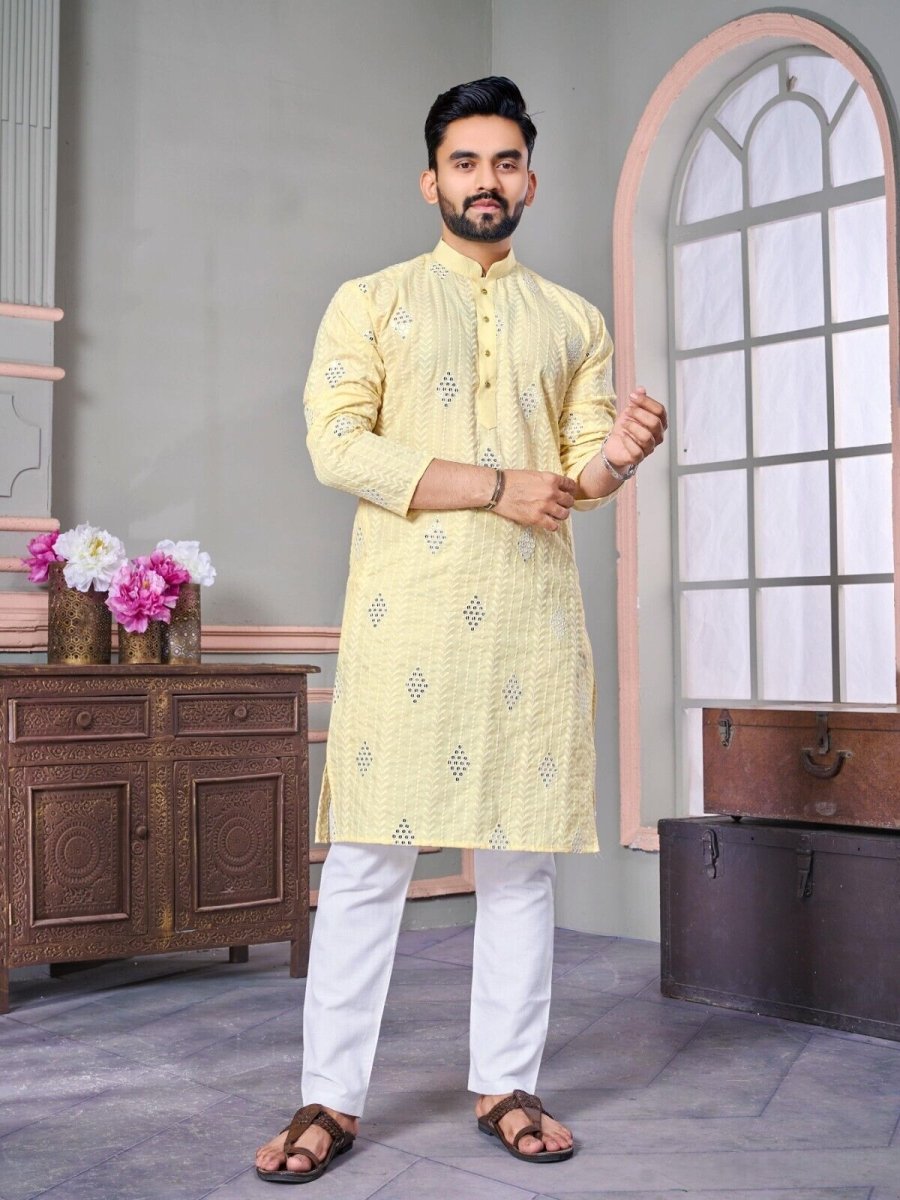 Ramadan Mirror work Men's Wedding Long Kurta Embroidery & Cotton Pajama - eid - 001FASHIONFORWARD