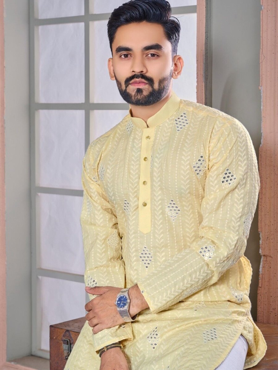 Ramadan Mirror work Men's Wedding Long Kurta Embroidery & Cotton Pajama - eid - 001FASHIONFORWARD
