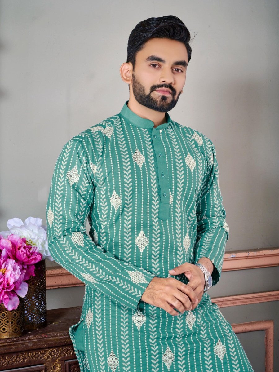Ramadan Mirror work Men's Wedding Long Kurta Embroidery & Cotton Pajama - eid - 001FASHIONFORWARD