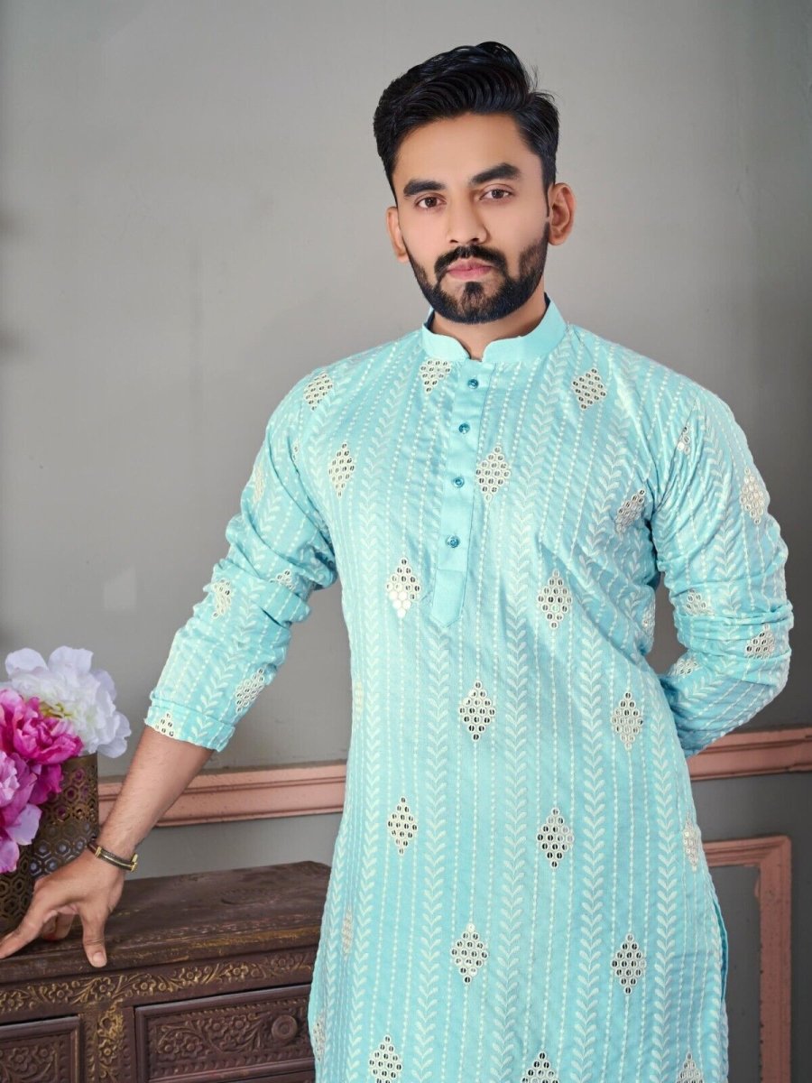 Ramadan Mirror work Men's Wedding Long Kurta Embroidery & Cotton Pajama - eid - 001FASHIONFORWARD