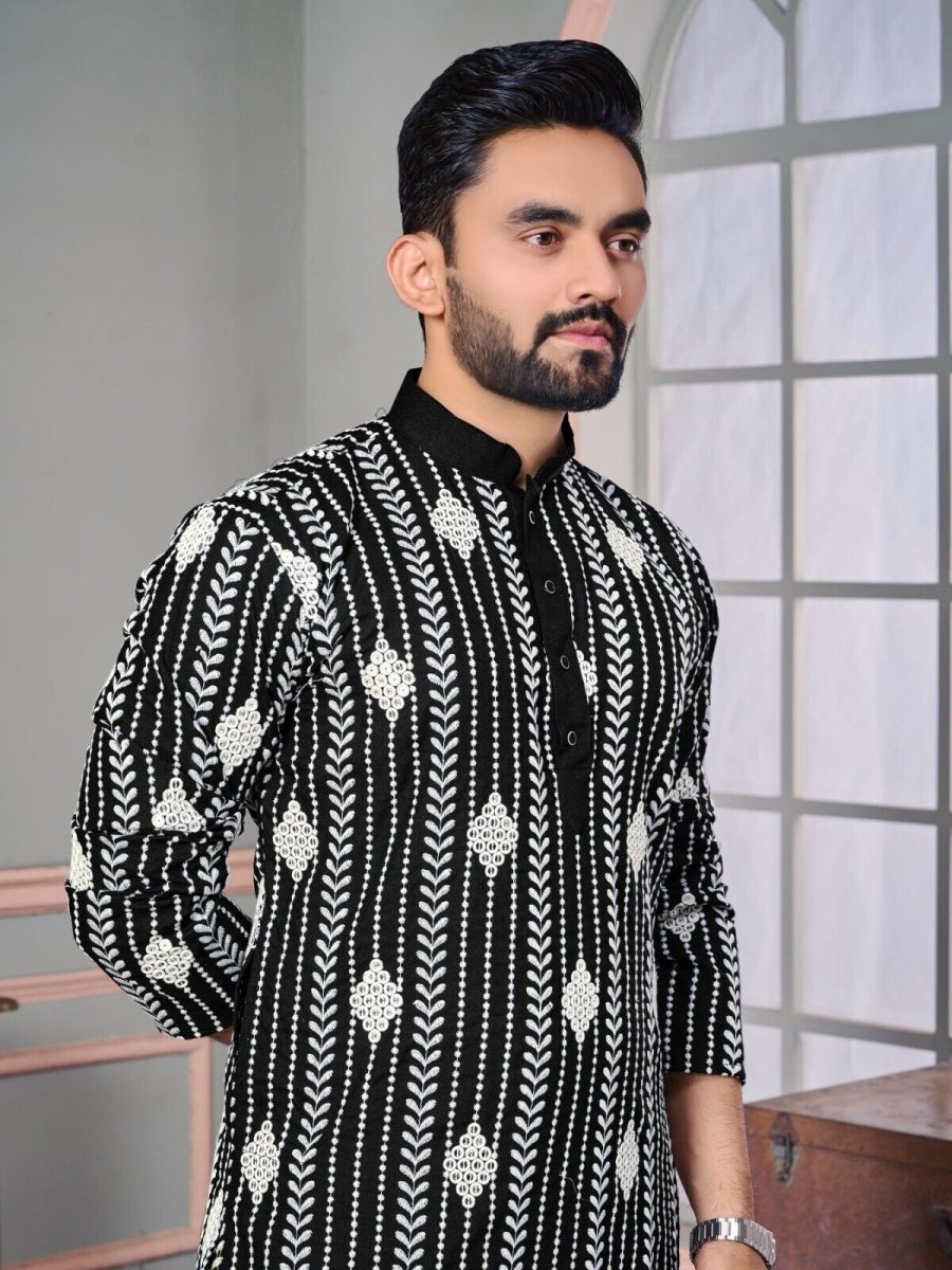 Ramadan Mirror work Men's Wedding Long Kurta Embroidery & Cotton Pajama - eid - 001FASHIONFORWARD
