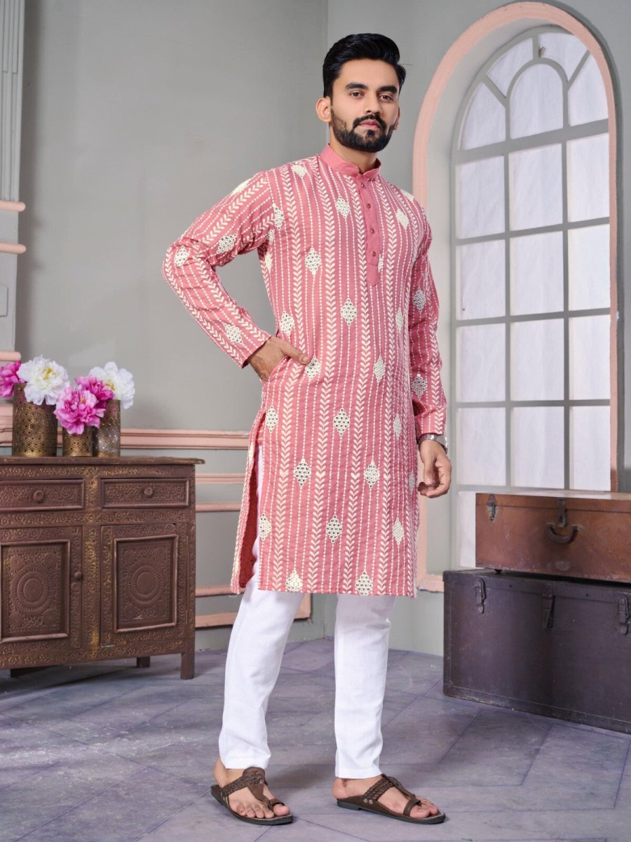 Ramadan Mirror work Men's Wedding Long Kurta Embroidery & Cotton Pajama - eid - 001FASHIONFORWARD