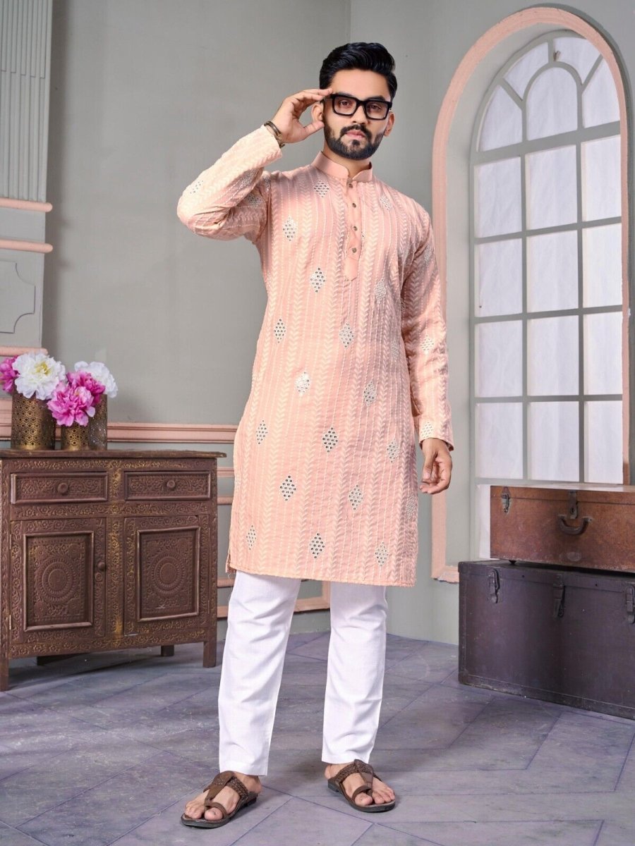 Ramadan Mirror work Men's Wedding Long Kurta Embroidery & Cotton Pajama - eid - 001FASHIONFORWARD