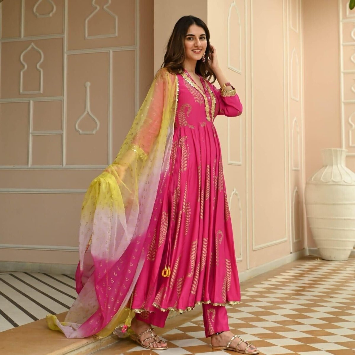 Rayon Women Flared Anarkali Gown & Pant Suit – Pakistani Style Party Wear - 001FASHIONFORWARD
