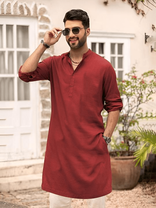 Ready made Traditional Men's Clothes Cotton Solid Long Kurta Long Sleeves Kurta - 001FASHIONFORWARD