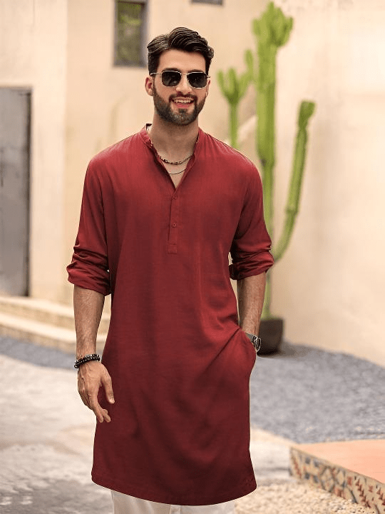 Ready made Traditional Men's Clothes Cotton Solid Long Kurta Long Sleeves Kurta - 001FASHIONFORWARD