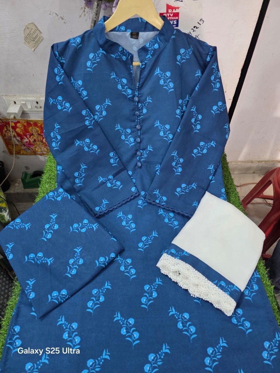 Readymade Hand block Print Solid Salwar Kameez Ready To Wear Suit 3 Piece Blue - 001FASHIONFORWARD