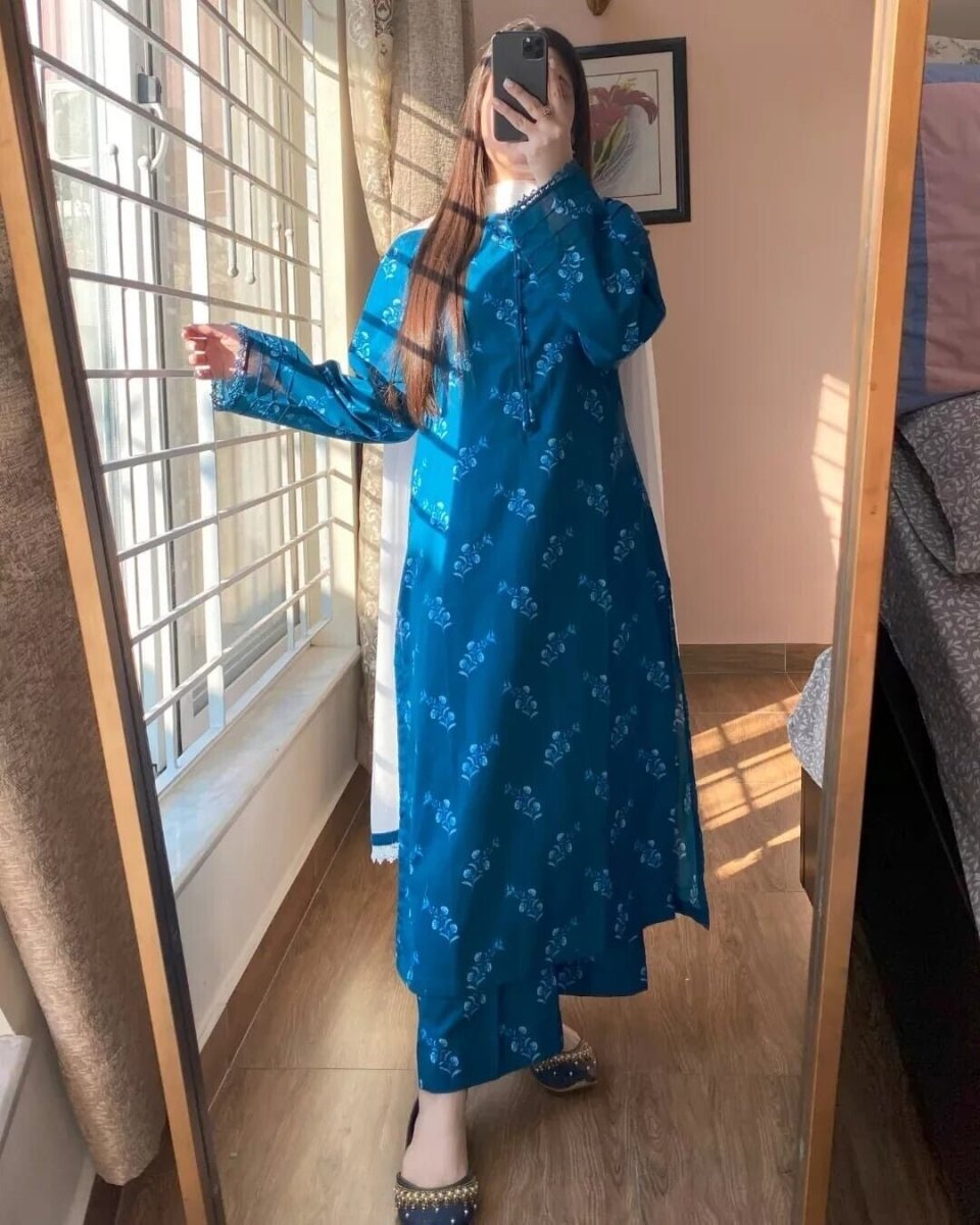 Readymade Hand block Print Solid Salwar Kameez Ready To Wear Suit 3 Piece Blue - 001FASHIONFORWARD