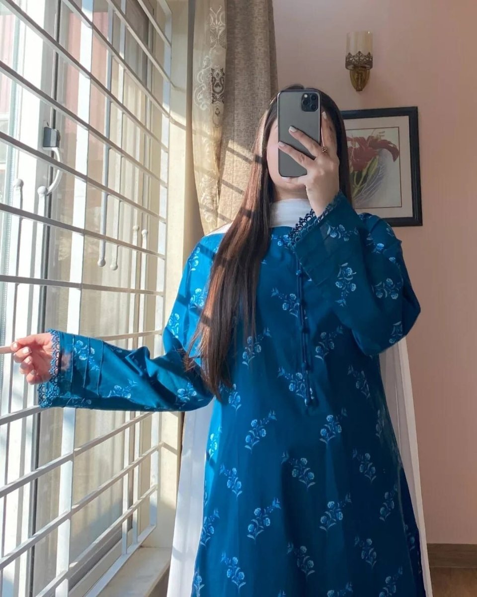 Readymade Hand block Print Solid Salwar Kameez Ready To Wear Suit 3 Piece Blue - 001FASHIONFORWARD