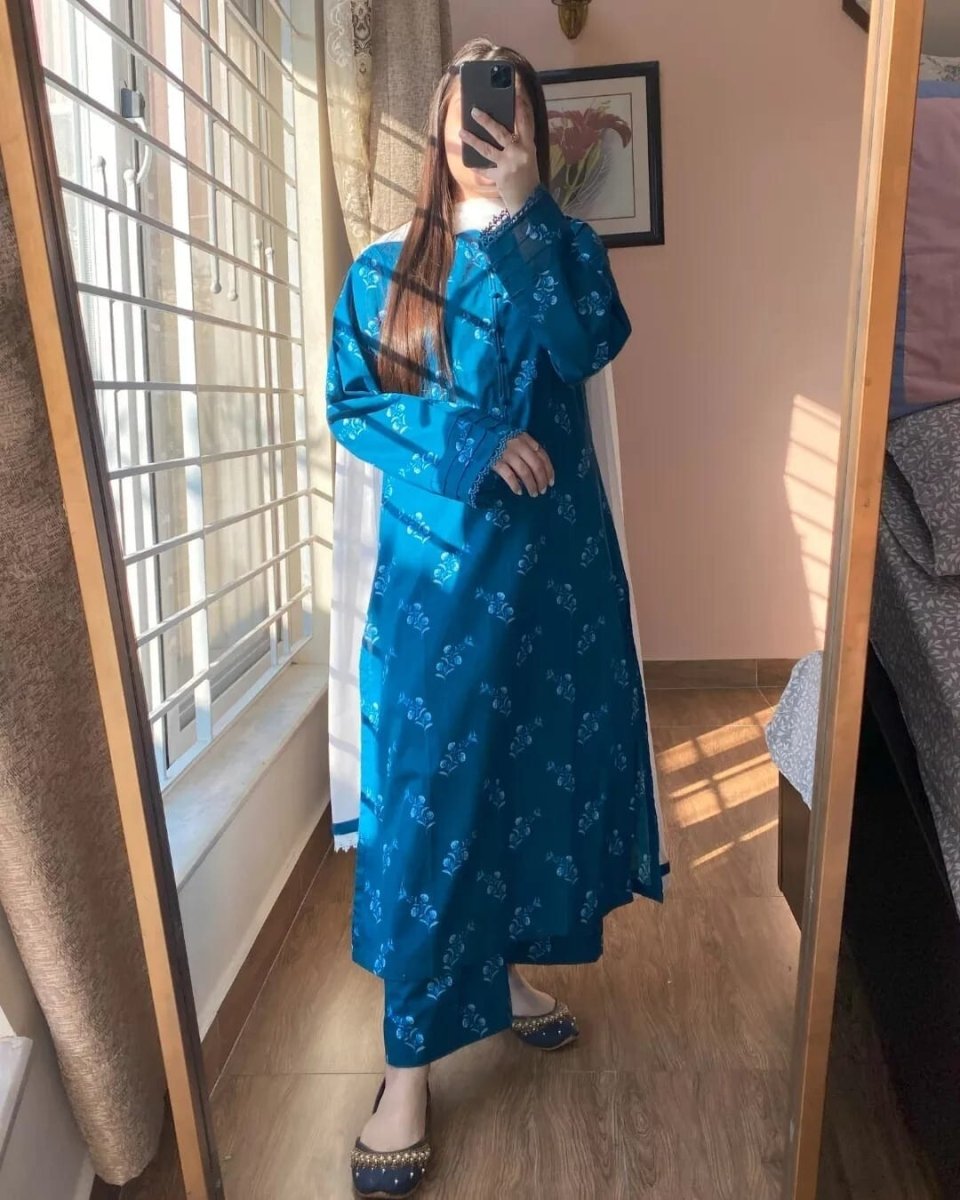 Readymade Hand block Print Solid Salwar Kameez Ready To Wear Suit 3 Piece Blue - 001FASHIONFORWARD
