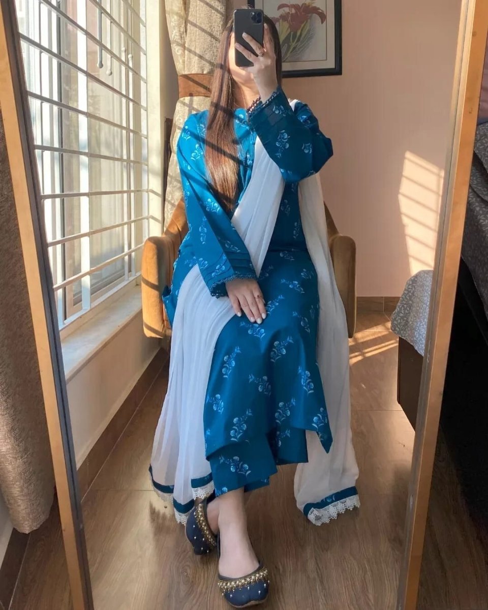 Readymade Hand block Print Solid Salwar Kameez Ready To Wear Suit 3 Piece Blue - 001FASHIONFORWARD