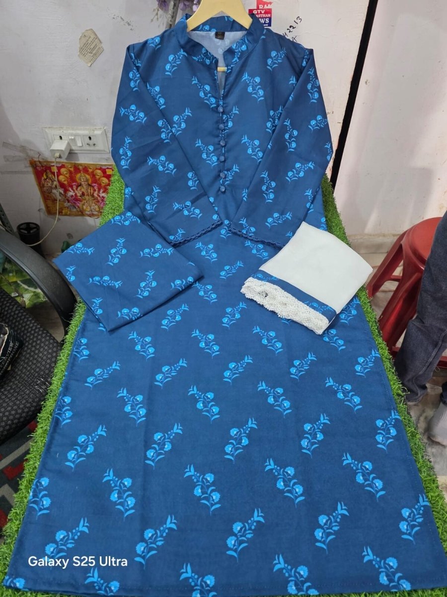 Readymade Hand block Print Solid Salwar Kameez Ready To Wear Suit 3 Piece Blue - 001FASHIONFORWARD