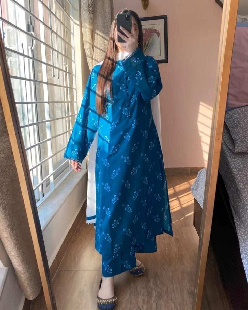 Readymade Hand block Print Solid Salwar Kameez Ready To Wear Suit 3 Piece Blue - 001FASHIONFORWARD