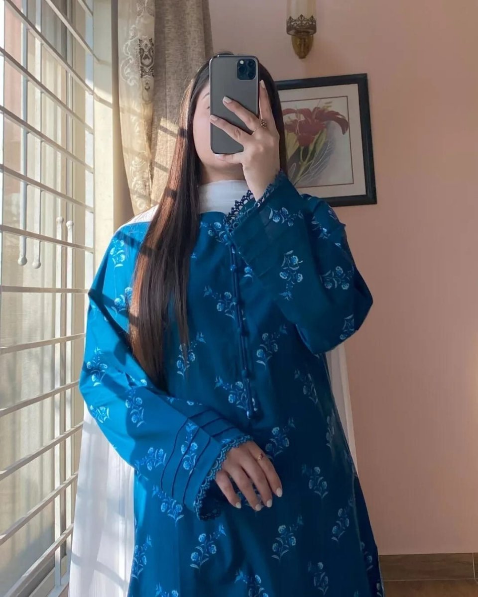 Readymade Hand block Print Solid Salwar Kameez Ready To Wear Suit 3 Piece Blue - 001FASHIONFORWARD