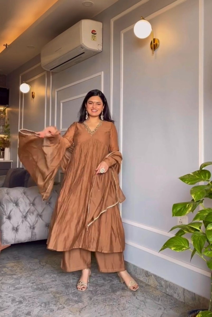 Readymade Organza Taby Silk Anarkali Gown Set with Digital Print Dupatta Pant - 001FASHIONFORWARD