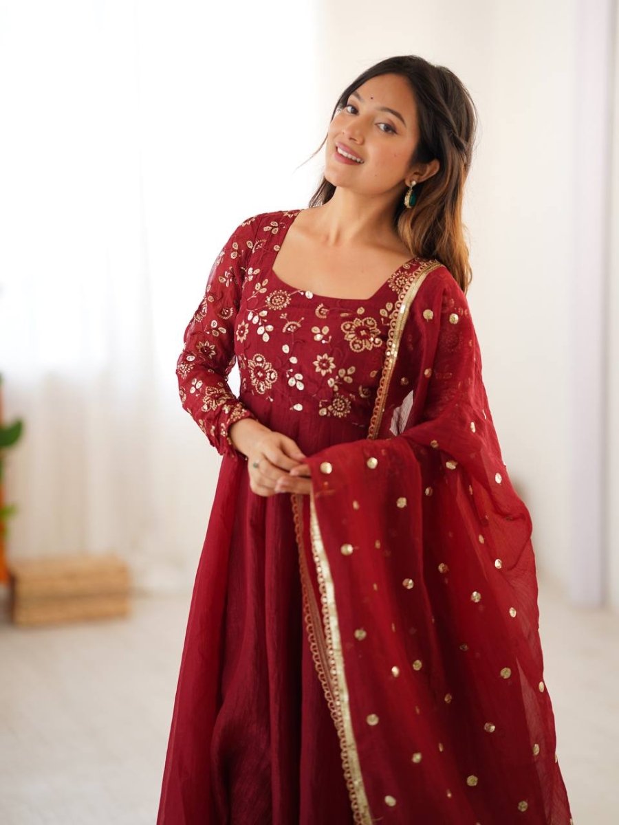 Red Crunchy Silk Anarkali Gown Full Flair Lace Border With Pant & Duppatta - 001FASHIONFORWARD