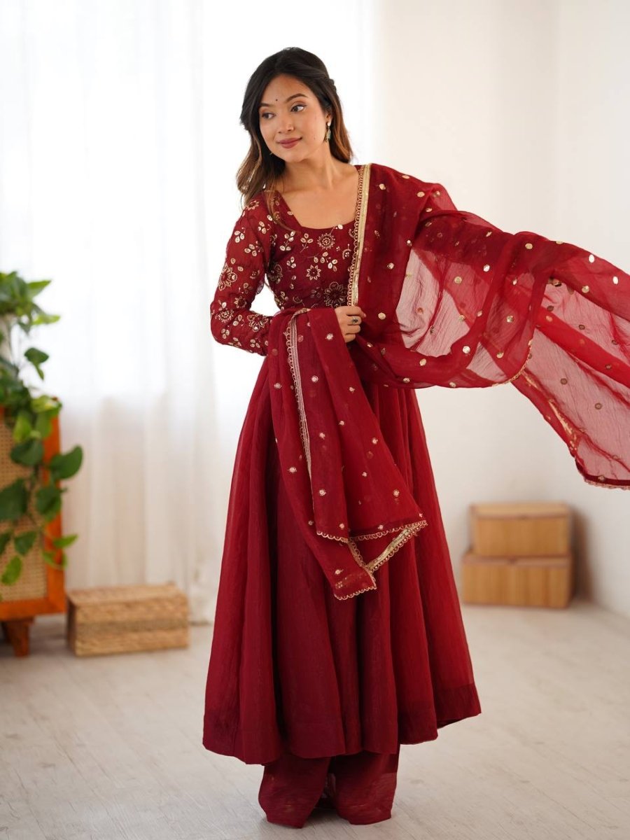 Red Crunchy Silk Anarkali Gown Full Flair Lace Border With Pant & Duppatta - 001FASHIONFORWARD