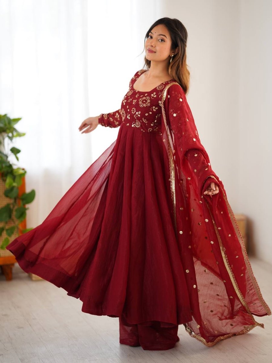 Red Crunchy Silk Anarkali Gown Full Flair Lace Border With Pant & Duppatta - 001FASHIONFORWARD
