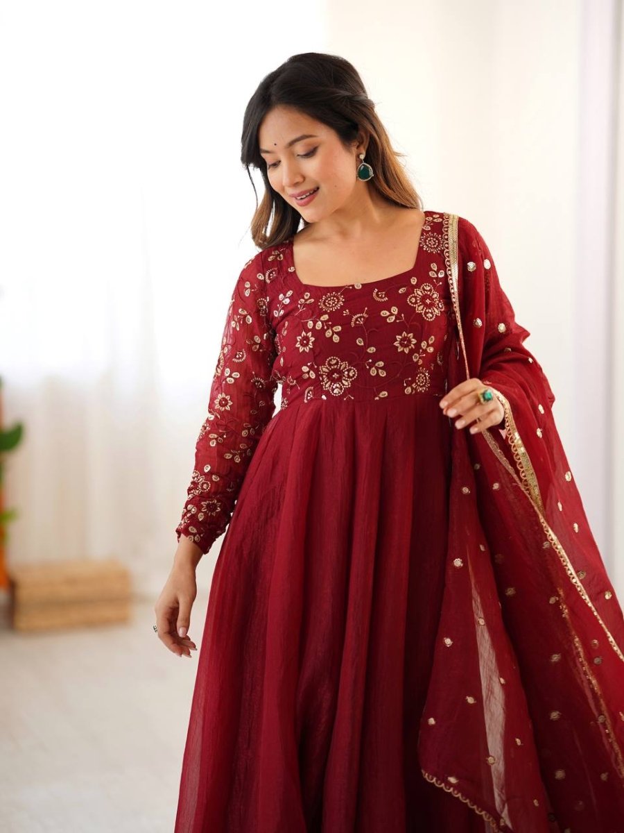 Red Crunchy Silk Anarkali Gown Full Flair Lace Border With Pant & Duppatta - 001FASHIONFORWARD