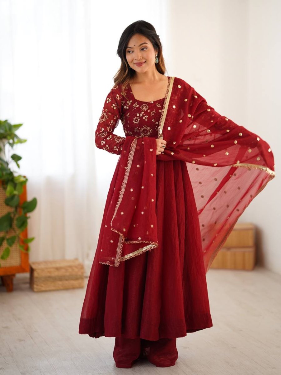 Red Crunchy Silk Anarkali Gown Full Flair Lace Border With Pant & Duppatta - 001FASHIONFORWARD