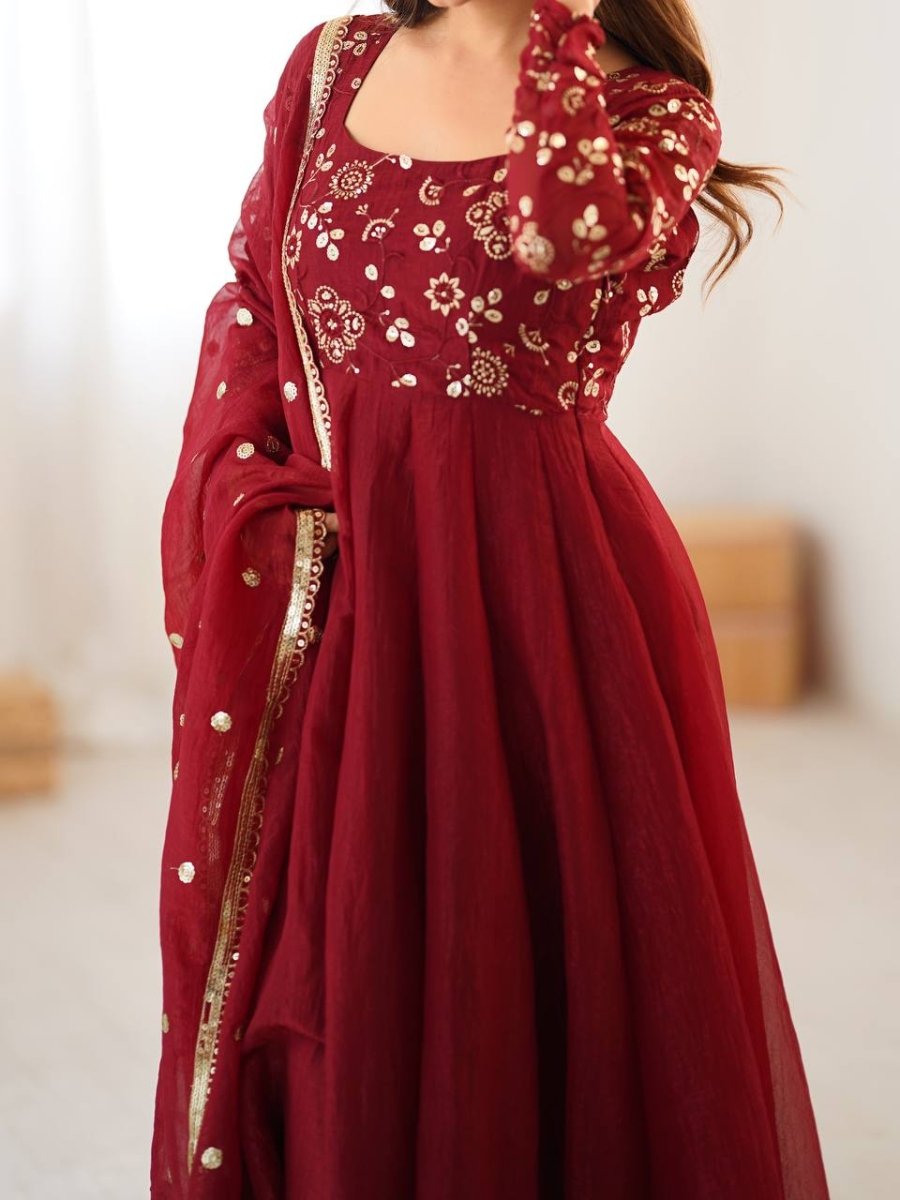 Red Crunchy Silk Anarkali Gown Full Flair Lace Border With Pant & Duppatta - 001FASHIONFORWARD