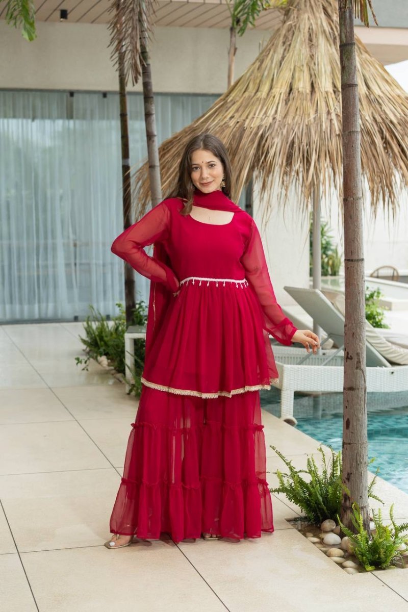 Red Moti Work Sharara Suit REadymade solid Dress - 001FASHIONFORWARD