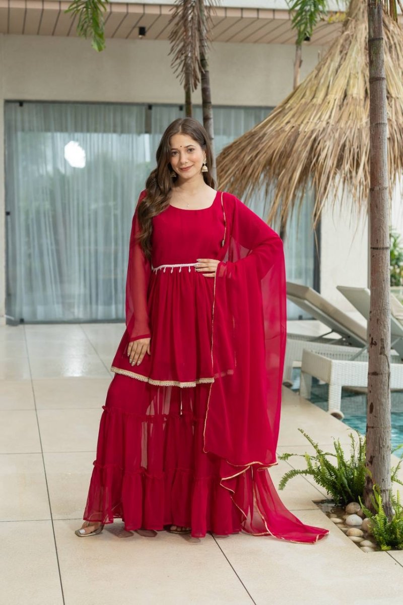 Red Moti Work Sharara Suit REadymade solid Dress - 001FASHIONFORWARD