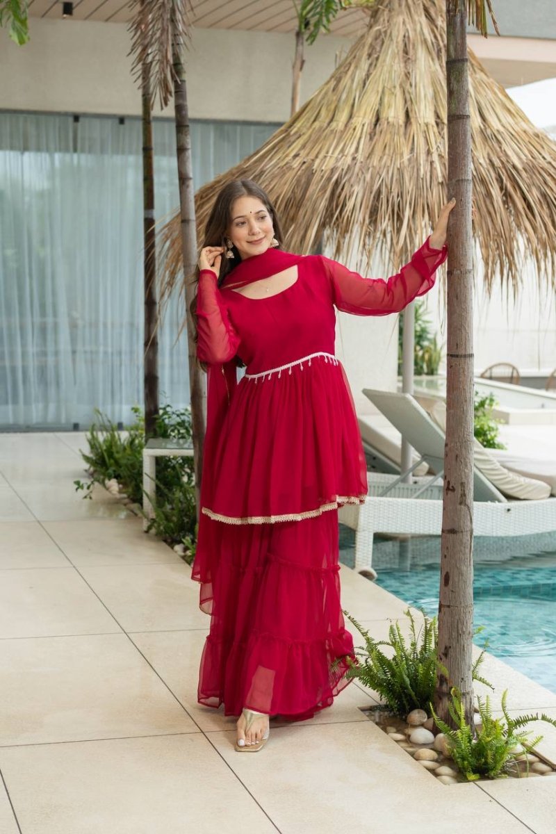 Red Moti Work Sharara Suit REadymade solid Dress - 001FASHIONFORWARD