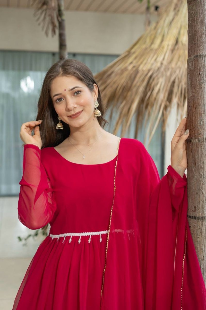 Red Moti Work Sharara Suit REadymade solid Dress - 001FASHIONFORWARD