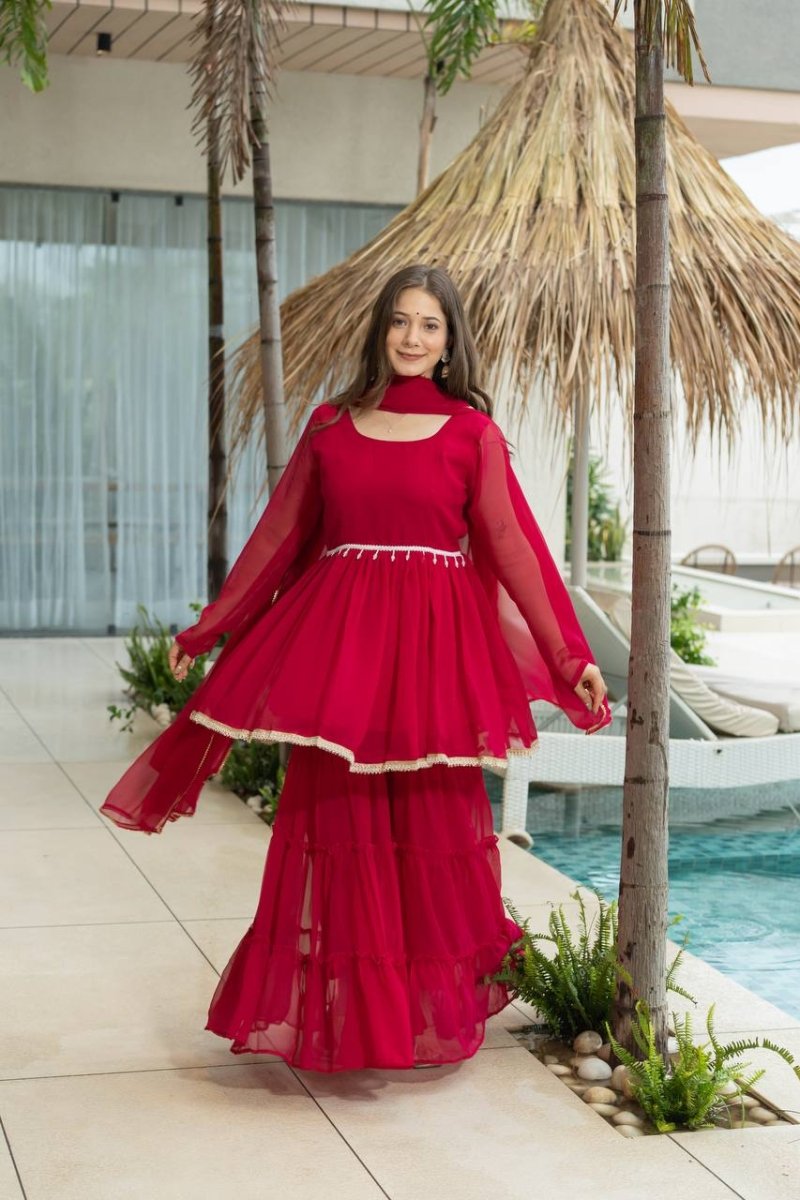 Red Moti Work Sharara Suit REadymade solid Dress - 001FASHIONFORWARD