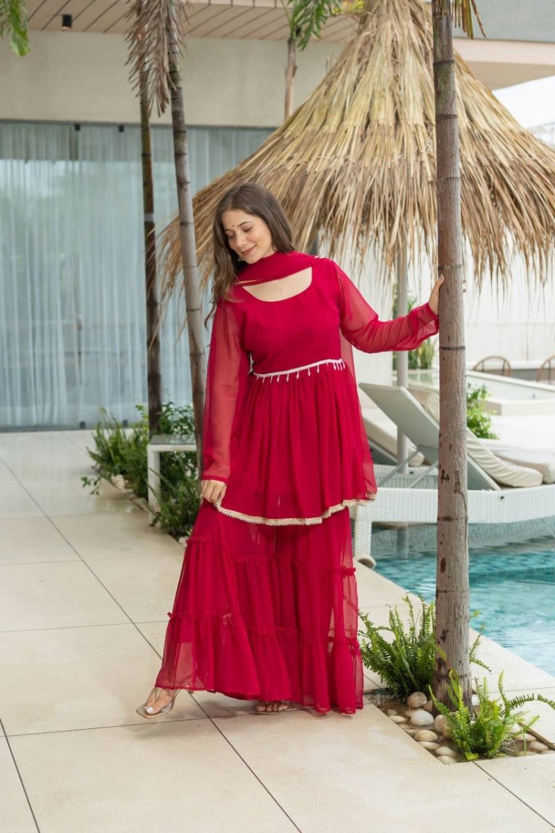 Red Moti Work Sharara Suit REadymade solid Dress - 001FASHIONFORWARD