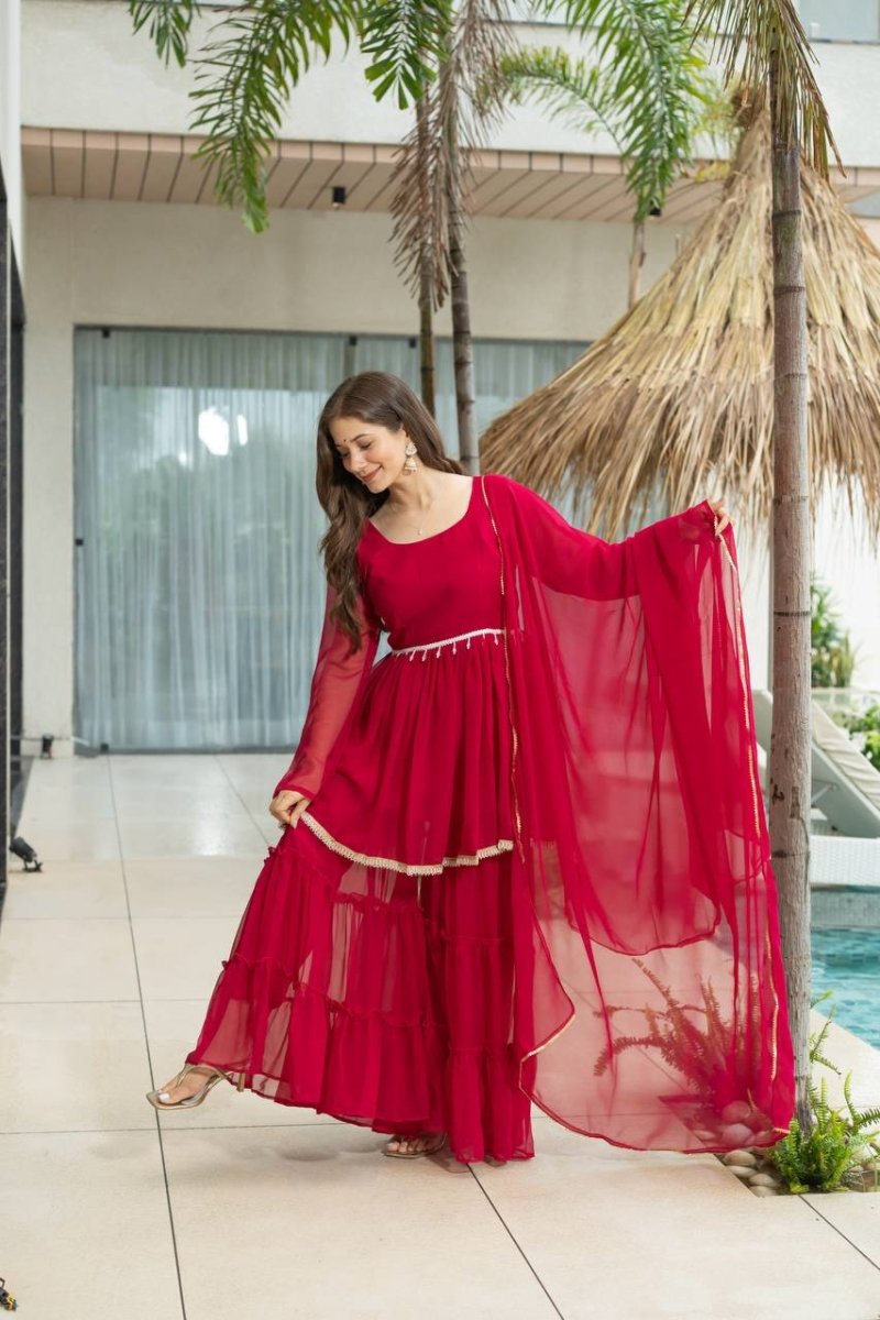 Red Moti Work Sharara Suit REadymade solid Dress - 001FASHIONFORWARD