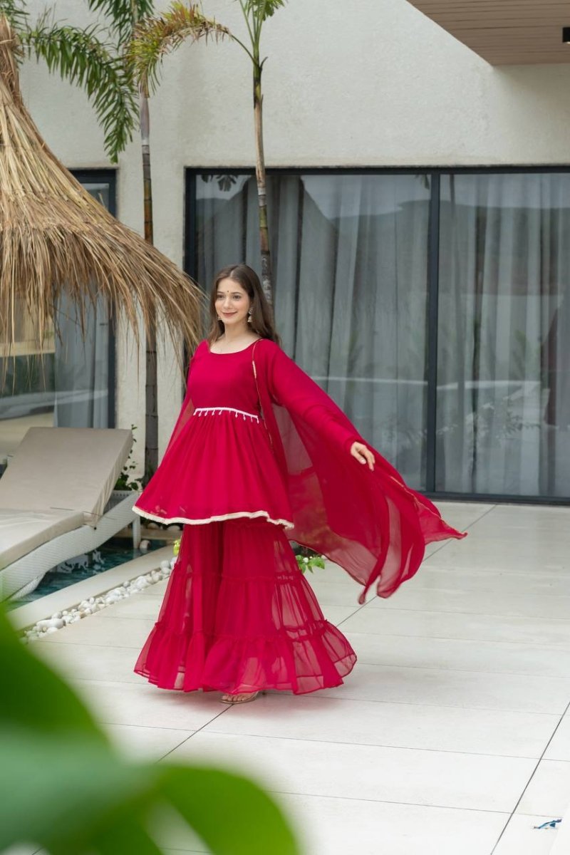 Red Moti Work Sharara Suit REadymade solid Dress - 001FASHIONFORWARD