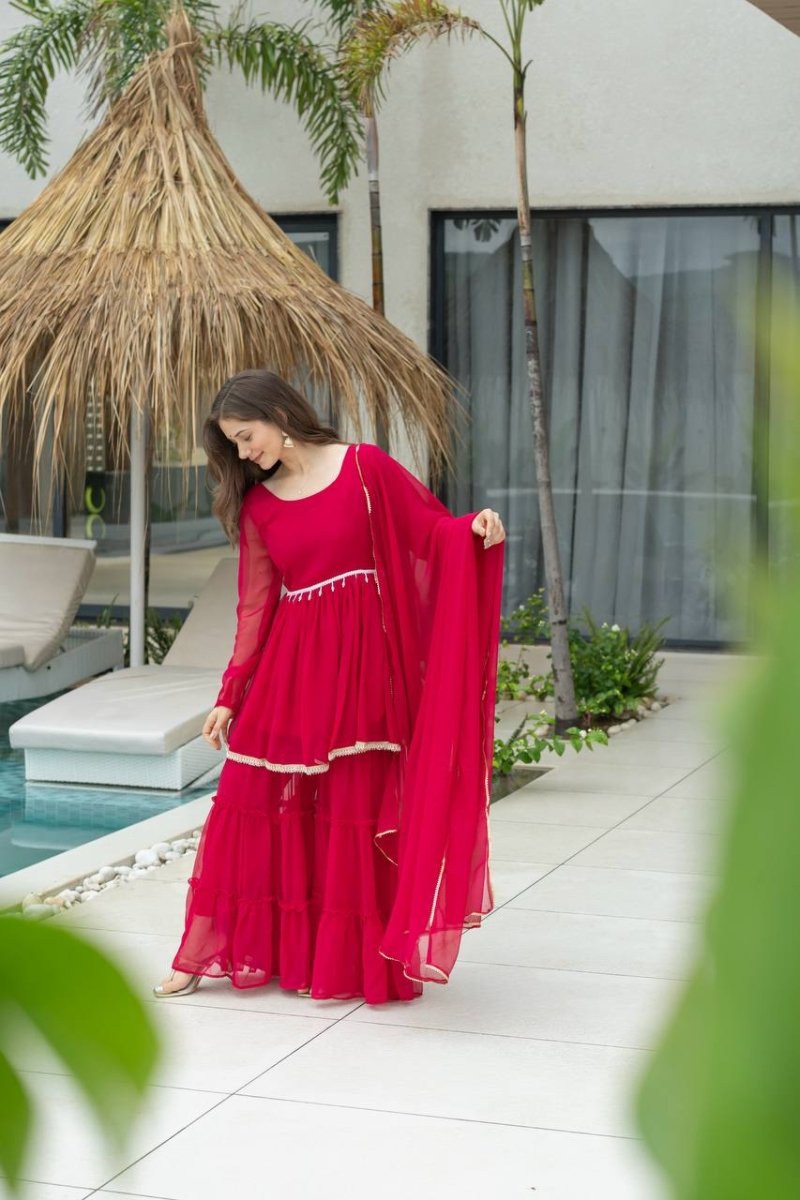 Red Moti Work Sharara Suit REadymade solid Dress - 001FASHIONFORWARD