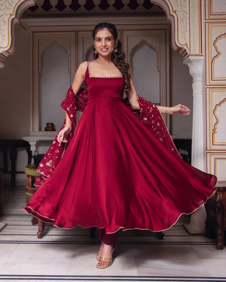 Red Partywear Anarkali Gown With Embroidered Sequin Work Duppatta & Pant - 001FASHIONFORWARD