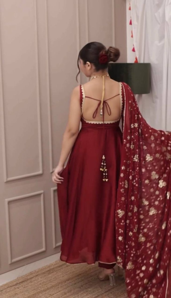 Red Partywear Anarkali Gown With Embroidered Sequin Work Duppatta & Pant - 001FASHIONFORWARD