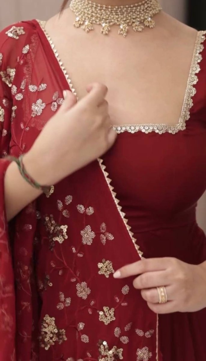 Red Partywear Anarkali Gown With Embroidered Sequin Work Duppatta & Pant - 001FASHIONFORWARD