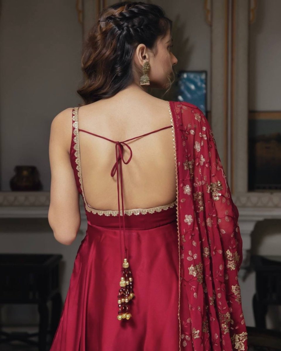 Red Partywear Anarkali Gown With Embroidered Sequin Work Duppatta & Pant - 001FASHIONFORWARD