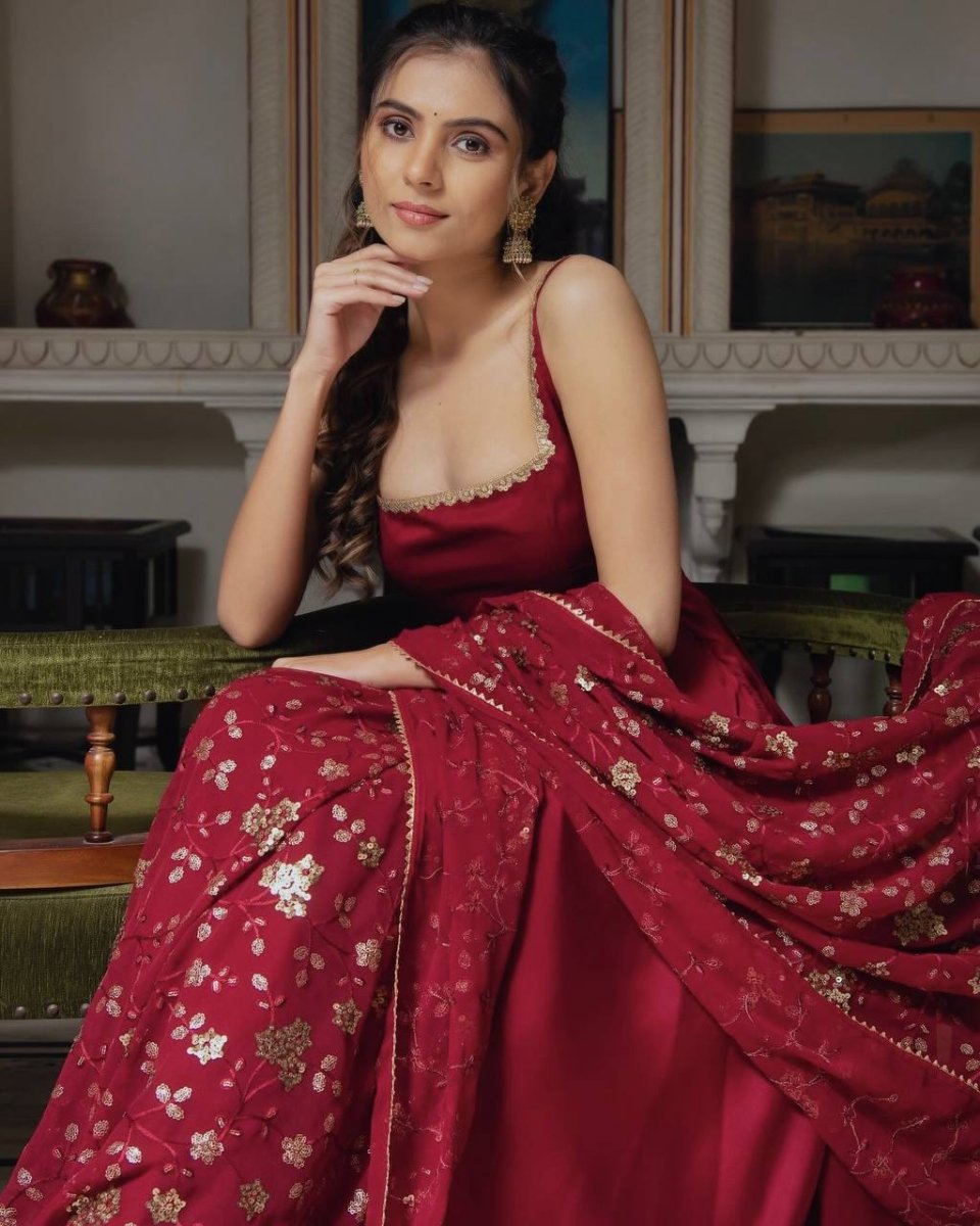 Red Partywear Anarkali Gown With Embroidered Sequin Work Duppatta & Pant - 001FASHIONFORWARD